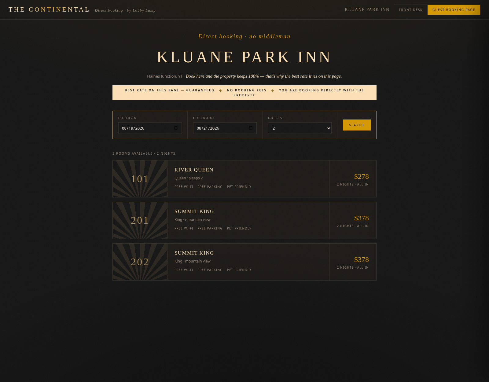 The Continental booking page — the system your guests would use